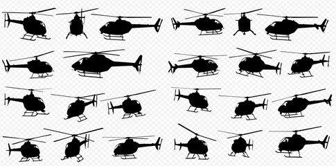A diverse collection of black helicopter silhouettes presented from multiple angles and perspectives on a transparent background. © Adji