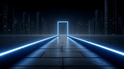 Neon lit pathway leading to a glowing rectangular doorway in a dark futuristic cityscape