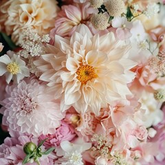 Elegant floral arrangement featuring dahlias hydrangeas and other blooms in soft pastel colors