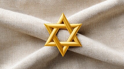 A golden Star of David resting on textured beige fabric, symbolizing heritage and faith.