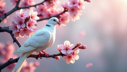 Pure white dove perched on cherry branch, blossoms surround , hope, symbol