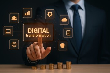 Businessperson interacting with digital transformation interface.