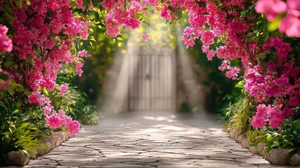 A sunlit garden path arches beneath a vibrant bougainvillea tunnel