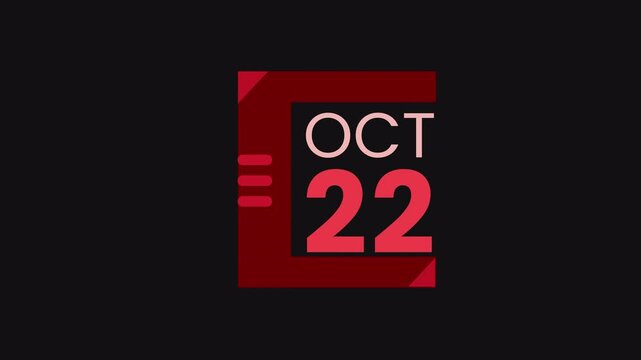 22nd October calendar icon animation. Alpha matte with transparent background 4K resolution.