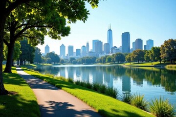 Obraz premium Scenic Echo Park Lake path; downtown LA skyline view, scenic, blue sky, asphalt