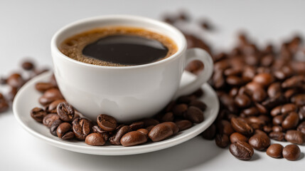 Fototapeta premium A white cup of black coffee surrounded by roasted coffee beans on plate
