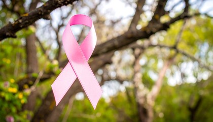 Pink awareness ribbon hanging from a tree branch.