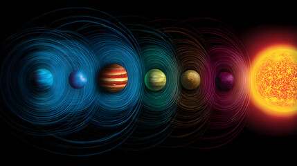 Fototapeta premium Celestial bodies linked by harmonic resonance lines, dancing in space with a fading phantom planet.