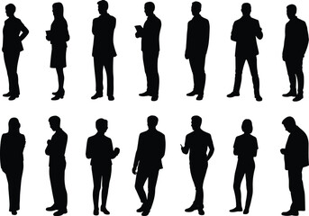 Silhouettes of business people standing in various poses, men and women in formal wear, isolated on white background, professional group