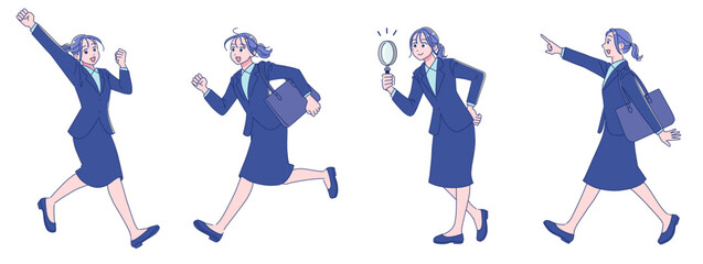 元気なアニメ調の就職活動する女性　スーツ　全身