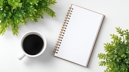 A blank notebook beside a cup of coffee and greenery, inviting creativity and relaxation.