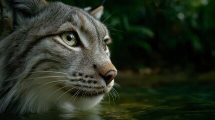 Fototapeta premium Close up profile of a lynx face with striking green eyes peering from the water