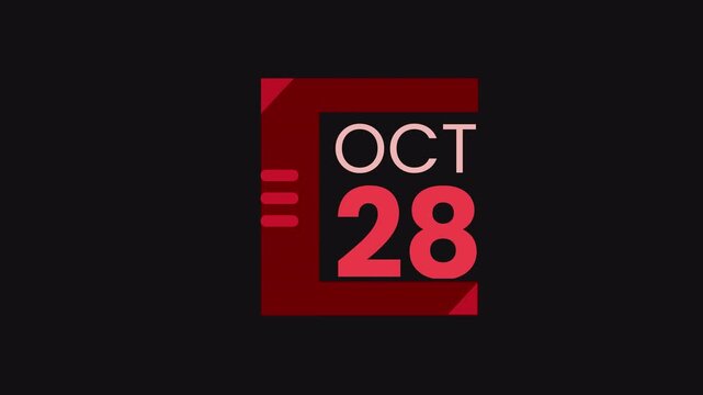 28th October calendar icon animation. Alpha matte with transparent background 4K resolution.
