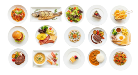 Assorted dishes including pasta grilled fish salad cake fries burger breakfast plate deviled eggs steak sausage soup sushi curry rice and stir fry arranged on white plates