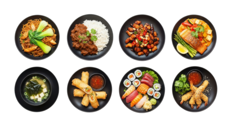 Asian cuisine noodle rice stir fry salmon soup spring roll sushi tempura black plate colorful delicious gourmet fresh vegetable seafood meat appetizer main course traditional healthy assorted