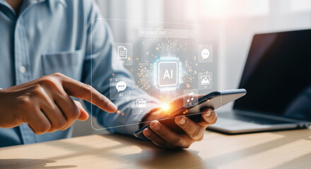 Artificial intelligence, technology, digital assistant, innovation, and communication concept with person interacting with virtual AI interface on smartphone in modern office setting