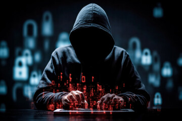 A hooded figure types on a computer surrounded by glowing digital code, symbolizing hacking activity and cybercrime.