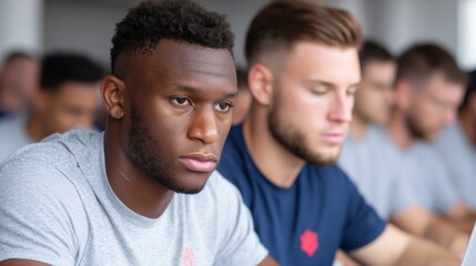 Fototapeta premium Two young men one Black and one Caucasian focused in a class or meeting setting