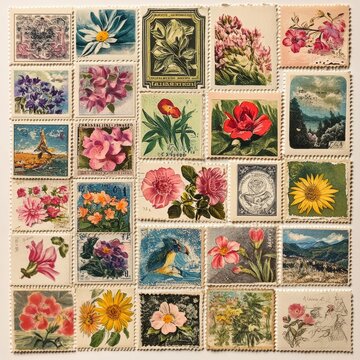 Collection of Vintage Floral Postage Stamps with Flowers and Landscapes