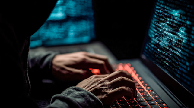 A hooded figure types on a computer surrounded by glowing digital code, symbolizing hacking activity and cybercrime.