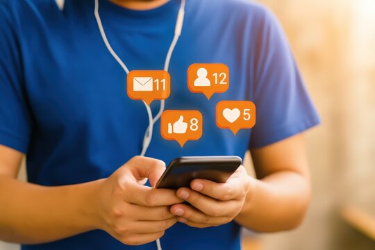 A person holding a smartphone with social media engagement icons overlayed. - Powered by Adobe