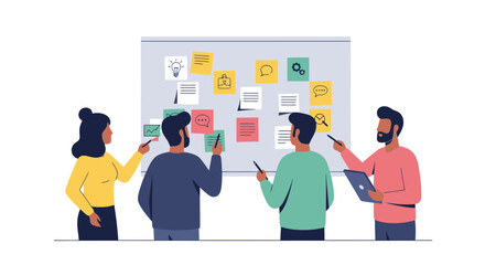 Collaborative Business Brainstorming Session with Diverse Team Analyzing Ideas on a Whiteboard for Strategic Planning and Project Development