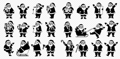 A set of black and white Santa Claus character icons in various poses, such as holding gifts, waving, reading a list, and sitting in a sleigh.