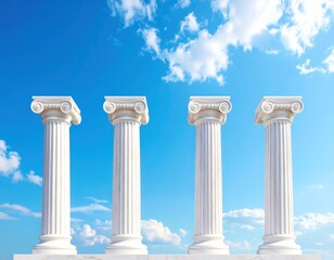 Four classic white Ionic columns standing in a row against a vibrant blue sky with clouds, a concept of foundation, stability, and structure.