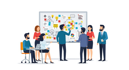 Dynamic Team Collaboration Session with Visual Strategy Board, Ideal for Business Planning, Project Management, and Creative Problem Solving in a Modern Workplace Environment
