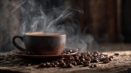 A steaming cup of coffee with coffee beans on a wooden surface dark