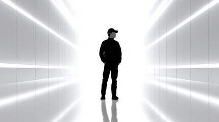 Silhouette of a male figure wearing virtual reality gear in a futuristic corridor.