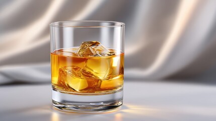 A glass of whiskey with ice cubes glowing under soft light.