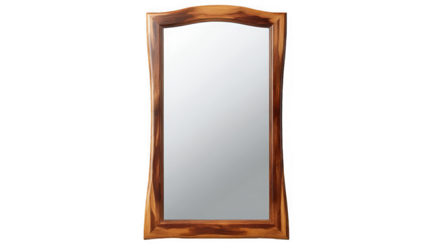 Wooden framed mirror with unique grain, reflecting light and space on transparent background