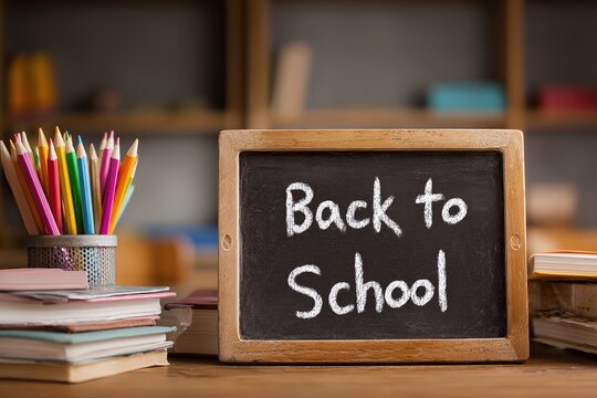 A chalkboard with the words "Back to School" written on it, surrounded by books and colored pencils in an office or classroom setting. 