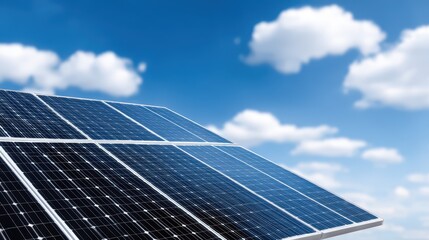 Solar panels under a bright blue sky with fluffy clouds.
