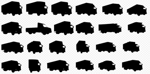 A diverse collection of black truck and van silhouettes arranged in a grid pattern on a transparent background.