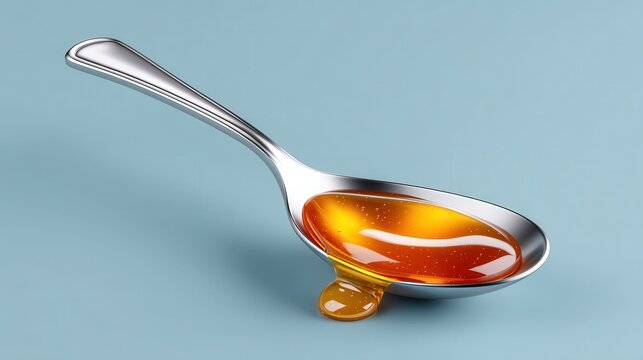 Close-up of a silver spoon filled with golden honey on a blue background.