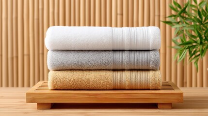 Three neatly stacked towels in white, gray, and yellow on a wooden rack.