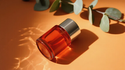 Red glass bottle with silver lid on orange background, eucalyptus leaf shadows. Elegant beauty product in minimalist style.

