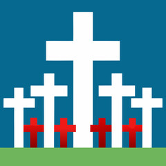 A row of white crosses with red crosses in front on a blue background