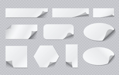 Blank White Sticker Set with Curled Corners in Various Shapes on Transparent Background