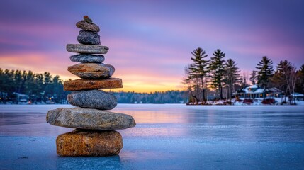 Stacked stones on frozen lake at sunset