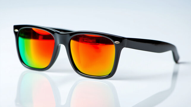 A close up shot of black framed sunglasses with colorful mirrored lenses on a white surface - Powered by Adobe