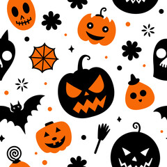Cute halloween pattern with pumpkins bats and ghosts