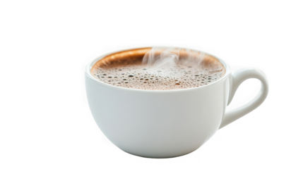 Steaming coffee in a white cup, aromatic beverage, morning refreshment on transparent background