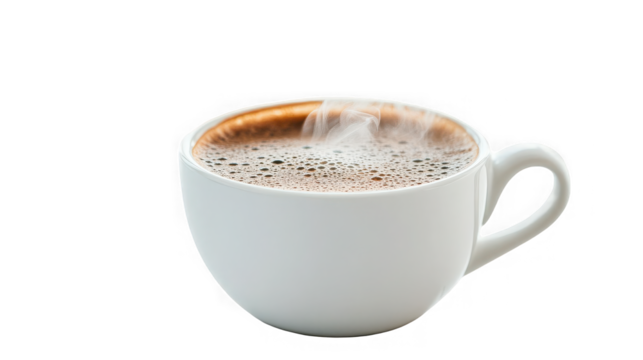Steaming coffee in a white cup, aromatic beverage, morning refreshment on transparent background