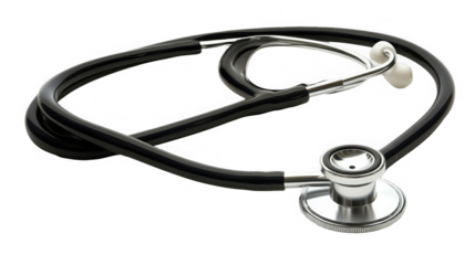 Black stethoscope with silver head, medical tool for diagnosis on transparent background