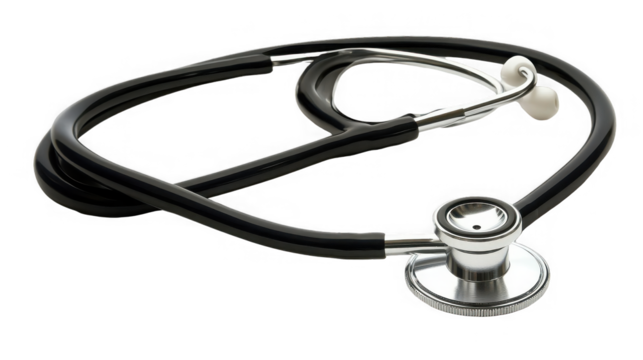 Black stethoscope with silver head, medical tool for diagnosis on transparent background
