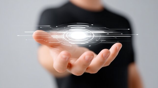 A young male presenting a glowing digital effect in his open palm, illustrating technology.
