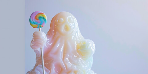 Pastel statue holding rainbow lollipop
